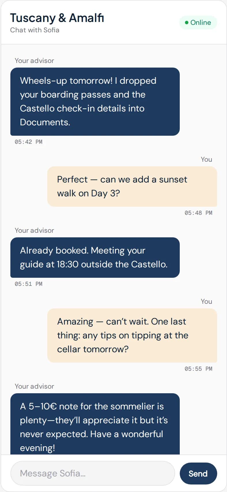 The TripPortfolio mobile app showing a traveler chatting with their advisor Sofia about their upcoming Tuscany & Amalfi trip, with the chat thread, online indicator, and message composer all visible