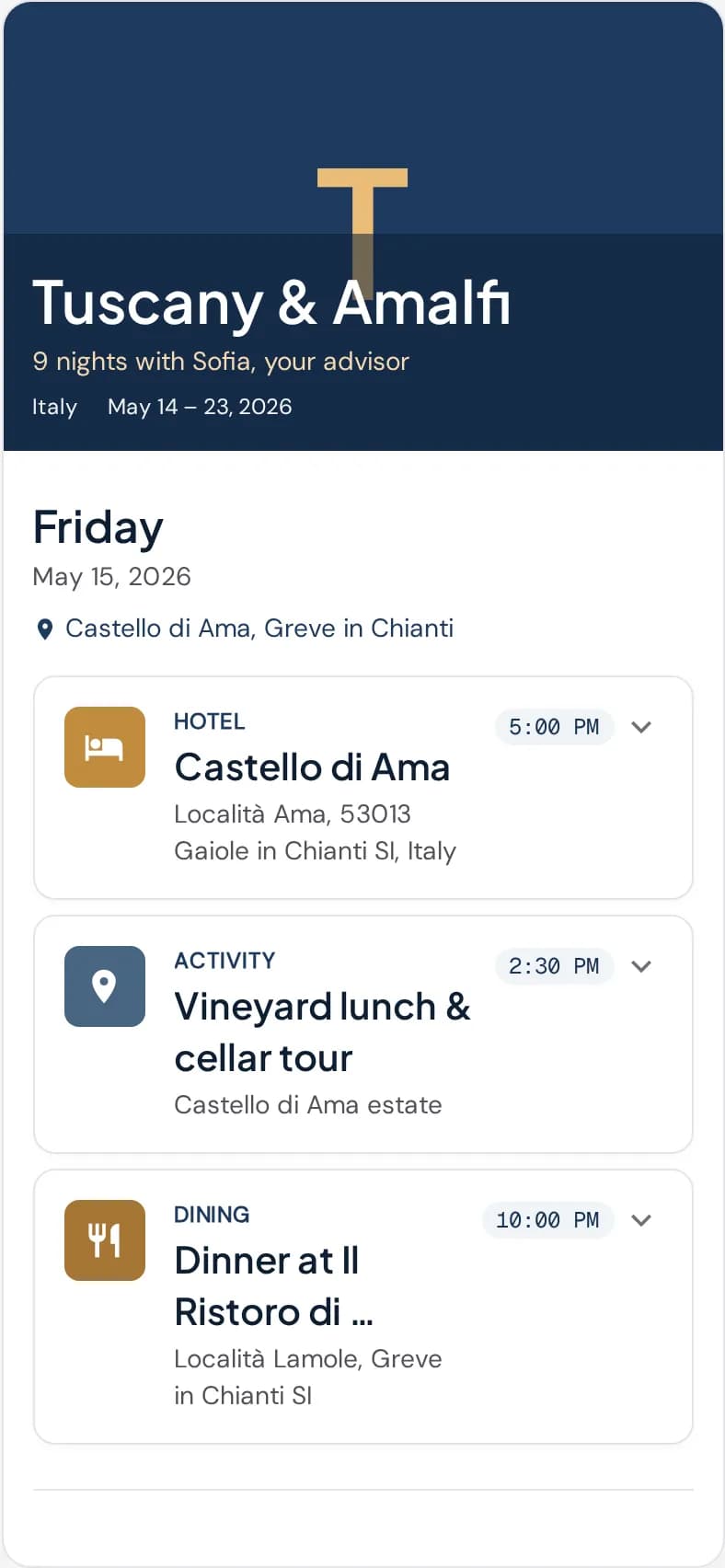 The TripPortfolio mobile app showing a traveler's Tuscany & Amalfi trip detail with hotel, vineyard tour, and dinner reservations for the day